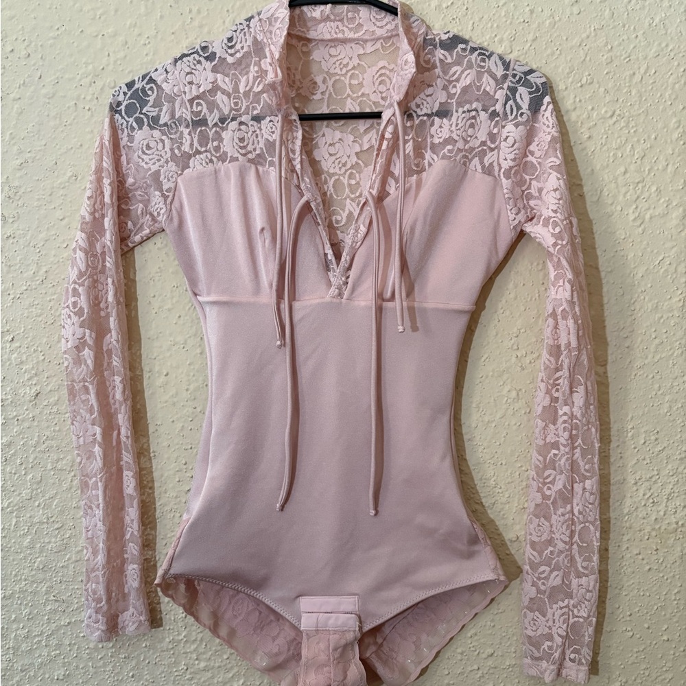 Pink Lace Long Sleeve Bodysuit with Tie Front